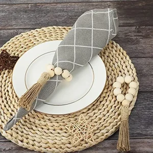 Ronds de serviettes rustiques perles en bois et pompons