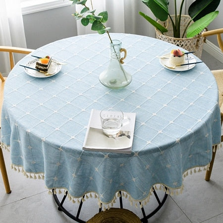 nappe ronde en lin bleue